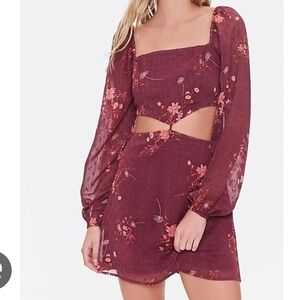 Floral Cutout Burgundy Dress